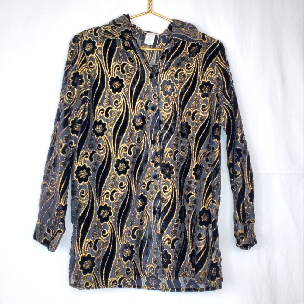 Vintage Dana Taylor Fuzzy Velvet Burnout Button Down Sheer Blouse Size: S